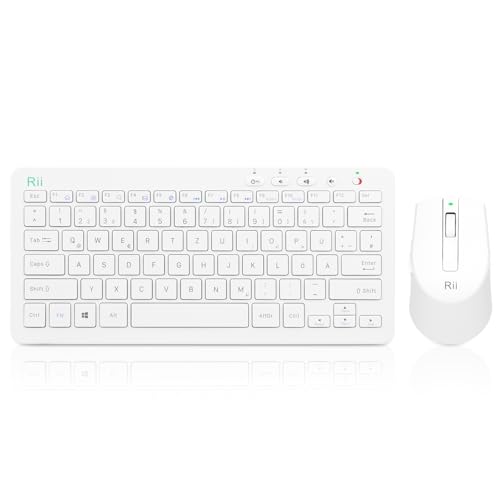 Rii Tastatur Maus Set Kabellos, 2.4G Kabellose Kompakte Tastatur mit Funkmaus für Laptop, PC und Smart TV, Deutsches QWERTZ Layout, Weiß Rii Tastatur Maus Set Kabellos, 2.4G Kabellose Kompakte Tastatur mit Funkmaus für Laptop, PC und Smart TV, Deutsches QWERTZ Layout, Weiß