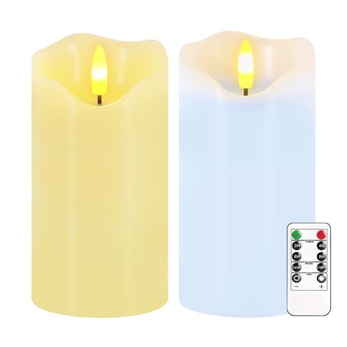 Image of Flameless Candles Light, Set of 2 6 inchx3 inch Flickering Pastel Spring LED Candles with Remote & Timer, Dimmable Real Wax Easter Pillar Candles Battery Operated for Home Spring Easter Decor (Blue Yellow)
