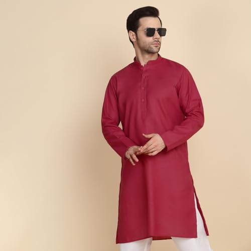 Image of KRAFT INDIA Men's Cotton Solid Kurta With Drawstring Pyjama Set
