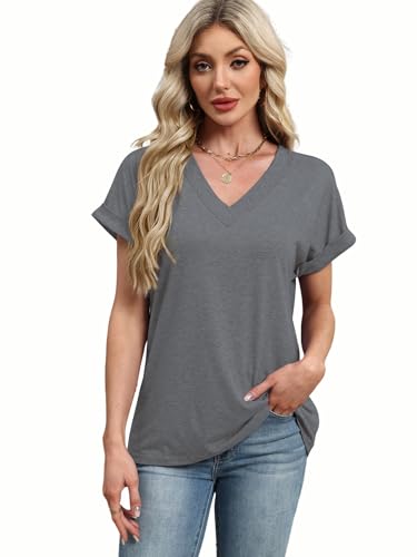 Image of T Shirts Short Sleeve V Neck Tees Womens Tops Beach Vacation Fashion Clothes 2026 Casual Summer Spring Fall Outfits