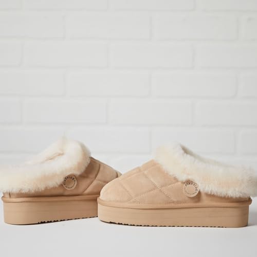 Dearfoams Women's Shearling Platform Slippers Bendigo Comfy Puff Plush Clog House Shoes4