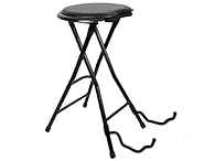 Folding stool with built-in guitar stand Suitable for electric and acoustic guitars Height: 64.5cm Black vinyl top with padded seat Lightweight steel frame
