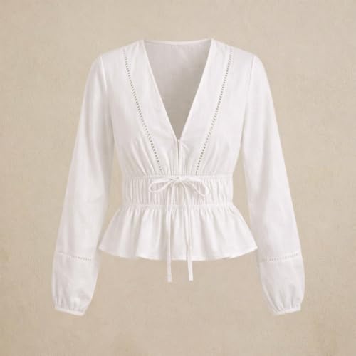 Image of Shasmi Women's Solid Deep V Neck Cotton Long Bishop Sleeve Drawstring Waist Ruffle Hem Peplum Top | Blouse | Casual Boho Cottagecore Shirt for Office, Vacation & Daily (Top 304)