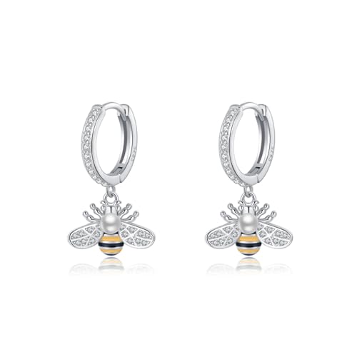 Reffeer Solid 925 Sterling Silver Bee Dangle Earrings for Women Teens Cute Bee Drop Earrings Hoop Dangle Earrings