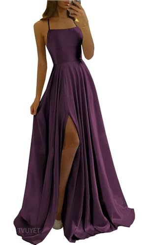 Image of Tvuyet Satin Prom Dresses Long with Pockets Spaghetti Straps A Line Bridesmaid Dresses with Side Slit Ball Gown