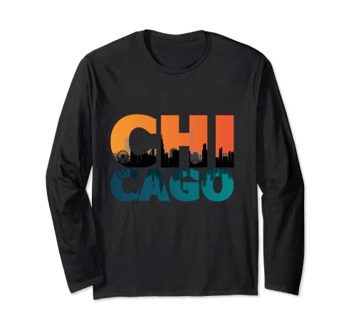 Chicago Skyline Distressed Vintage Retro Skyline Funny USA Manga Larga