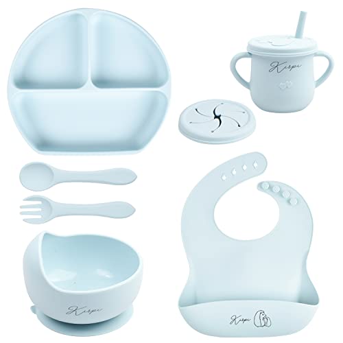 Image of Baby Led Weaning Supplies - Kirpi Baby Feeding Set - Silicone Suction Bowls, Divided Plates, Sippy and Snack Cup - Toddler Self Feeding Eating Utensils Set with Bibs, Spoons, Fork - 6 Months (Blue)