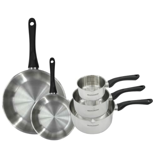 Fackelmann 9443850 Set 2 poêles 20 et 28 cm et 3 casseroles 12 16 et 20 cm en inox 18/8, tous feux, induction, sans PFAS, Acier inoxydable 18/8, 12 16 20 28...