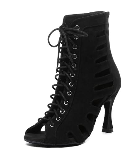 Minishion Latin Dance Shoes for Women Open Toe Salsa Dancing Heels Evening Prom Ankle Booties with Zip L611 Black 9cm Heel US 7