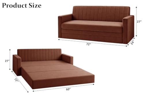 Image of Modern Velvet 3 Seater Sofa Cum Bed with Armrest, Convertible Sleeper Couch Sofa for Living Room Bedroom & Office - Brown Color