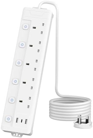 2M 5 Gang Extension Lead with 3 USB Slots (2 USB-A,1 USB-C), Indi...
