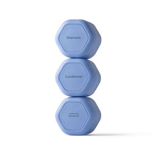 Cadence Travel Containers Haircare Capsule Set - Magnetic Containers with Lids,Carry On Travel Essentials For Women/Men - 3 Flex Mediums (1.32oz) - Shampoo, Conditioner & Comb Icon Labels - Pacific