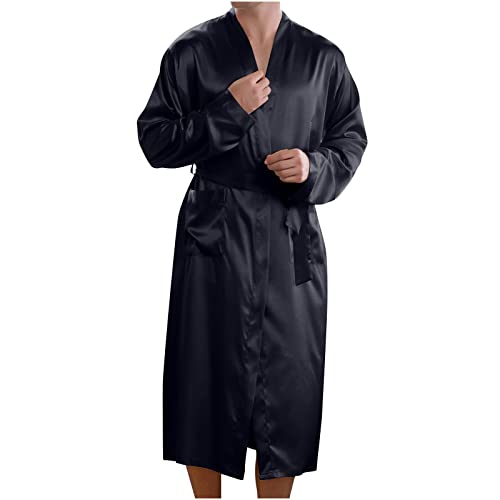 Men's Satin Robe Silky Bathrobe Soft Comfy Casual Bathrobe Fashion Comfy Solid Color Long Loungewear with Pocket