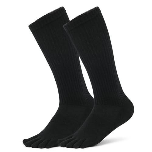 Merino Wool Toe Socks for Men & Women - 2 Pairs Winter Hiking Crew Socks Cushioned Boot Socks for Outdoor Activities