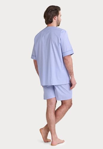 El Búho Nocturno Mens Pajama Set Short Sleeve Summer Cotton Poplin Woven Checkered Pajama Set for Men, 100% Cotton, Blue 4544, L3