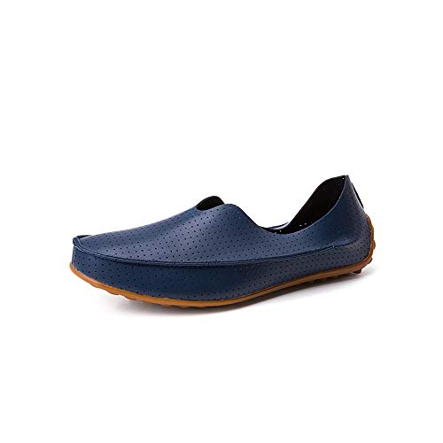 Summer Breathable Perforated Casual Shoes for Men PU Leather Comfortable Lightweight Flat Loafers Anti-Slip Slip-on Round Toe(Blue,10 M US)