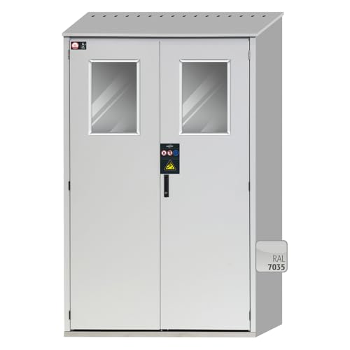 Asecos G-OD Druckgasflaschenschrank mit Flügeltür(en), Kippbarem Glasausschnitt und Zylinderschloss im Schwenkhebel Integriert, Lichtgrau, 1356mm Breite, 400mm Tiefe, 2149mm Höhe