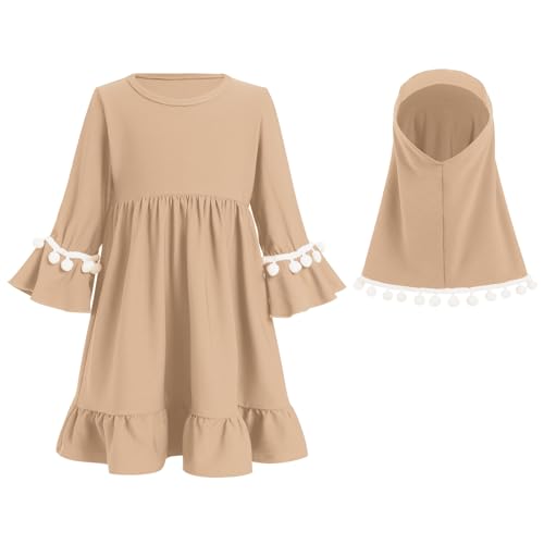 ABAFIP Muslim Dress for Baby Girl Toddler Abaya Kaftan Prayer Ruffle Sleeve Dress Dubai Ramadan Hijab set3
