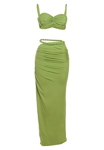 Women's Two Piece Skirt Sets Summer Beach Sexy Ruched Backless Cami Top And Cut Out Skirt Night Out Dress