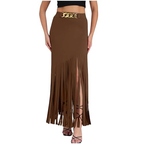 Womens Faux Suede Fringe Trim Midi Skirt Casual High Waist Bodycon Pencil Skirt Western Country Concert Outfits