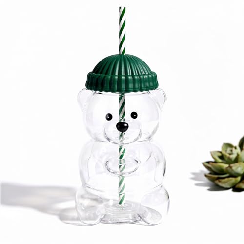 KASTIQ Cute Bear Glass Tumbler with Straw and Lid Reusable Clear Drinking Cup Aesthetic Iced Coffee Juice Water Glass Cup (Green)
