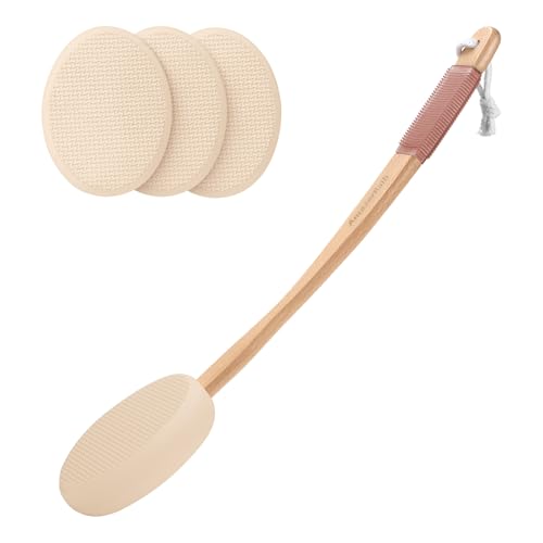 Image of AmazerBath Lotion Applicator for Back, Feet, 4 Replacement Pads with 17 inch Curved Handle, Back Sunscreen Applicator for Kids, Elderly, Women, Apply Skin Cream Medicine Moisturizer Tanner, Ivory White
