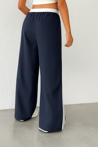 Image of SAKHWALA Women Track Pant | Women's Wide Leg Track Pants High Waist Drawstring Sweatpants with Side Stripes, Casual Loose Fit Lounge Joggers, White