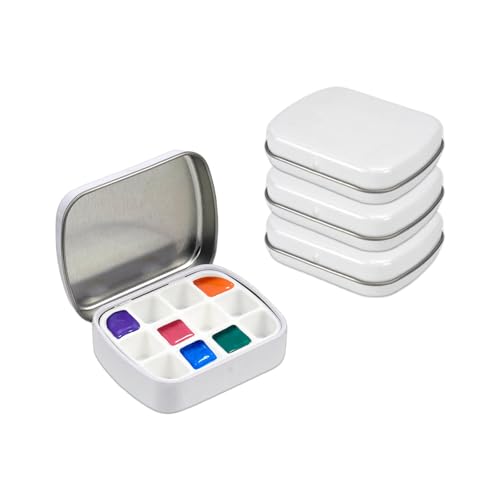 Sgphrzlt 4 Pack 12 Wells Mini Watercolor Palette with Lid, Small Portable Travel Empty Paint Tray, Tiny Removable Reusable Water Color Tin Box, Metal Gouache Pans Storage Containers, White