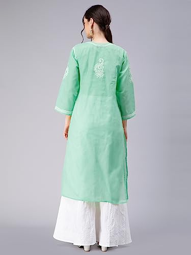 Image of Seva Chikan Hand Embroidered Lucknowi Chikankari Appricot Cotton Kurta Kurti for Women SCL4321