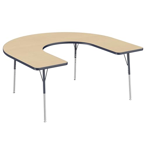 Image of FDP Horseshoe Activity School and Office Table (60 x 66 inch), Standard Legs with Swivel Glides for Collaborative Seating Environments, Adjustable Height 19-30 inches - Maple Top and Navy Edge