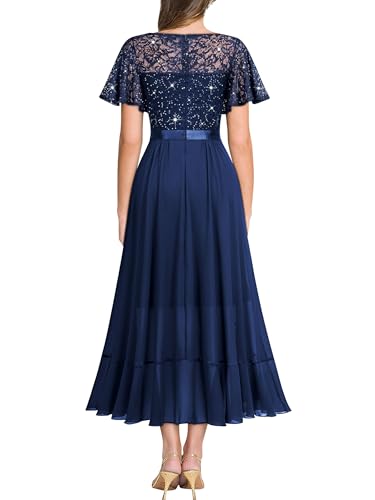 Miusol Women's Classy V-Neck Butterfly Sleeve Sequined Floral Lace Ruffle Split Bridesmaid Party Dress (Medium, Navy Blue)2