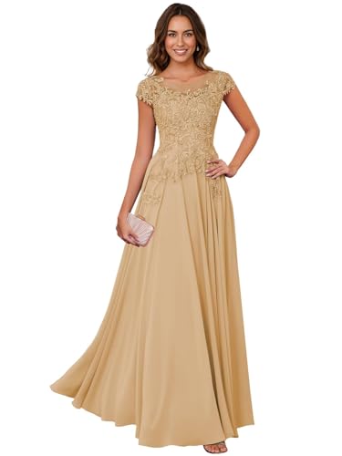 Image of Lace Applique Chiffon Mother of Bride Dresses - Short Sleeve Pleated Long Mother of The Groom Dress