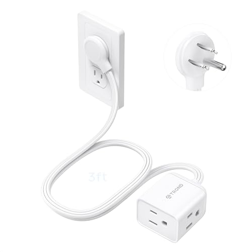 Image of TROND Short Flat Extension Cord 3ft - Right Angled Flat Plug Power Strip, ETL Listed, 3 Plug Extension Outlets, Three Prong, 16 Gauge Wire, 13A, Small for Indoor Home Office Cruise Ship Travel, White