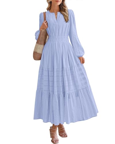 BTFBM Fall Dresses for Women 2025 Casual Long Sleeve V Neck Elastic Waist Lightweight Maxi Wedding Guest Dress Pockets