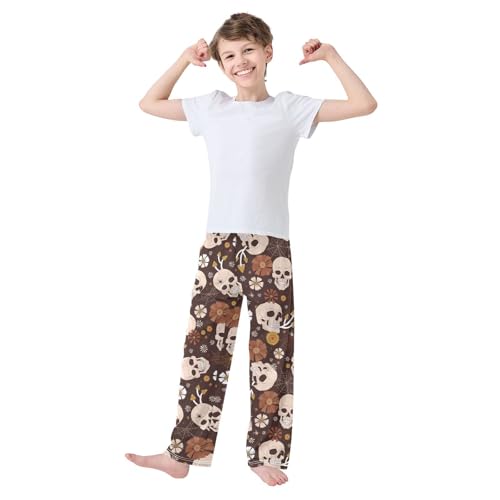ZZXXB Skull Spiderweb Flowers Boys Long Pants Soft Trousers Elastic Waist Kids Lounge Bottoms with Pockets S-XL2