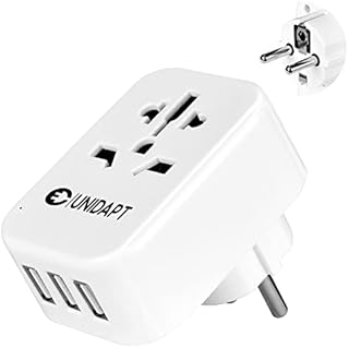 European Plug Adapter, Unidapt Travel Adapter Uk to Europe with 3 USB Ports, Travel from UK, USA to EU Travel Plug Adaptor Grounded - Two pin plug to outlets in Spain Germany France and EU - Type E/F