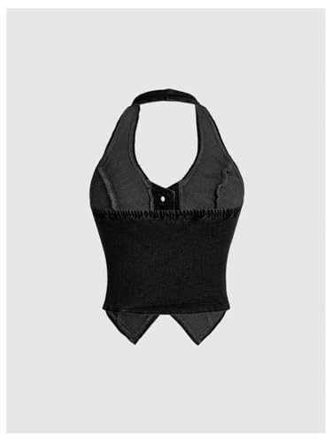 SHENHE Women's Button Up Backless Halter Denim Vest Ruched Fitted Sleeveless Crop Jean Vest2