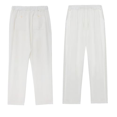 Womens Linen Pants with Pockets Casual Loose High Waist Drawstring Wide Leg Pants Summer Beach Pants Trendy Lace Pants White L4