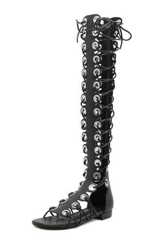 STUPMARY Women Peep Toe Lace Up Sandals Cut-outs Cross-tied Flat Heel Gladiator Sandals Zipper Over The Knee Bootie Summer