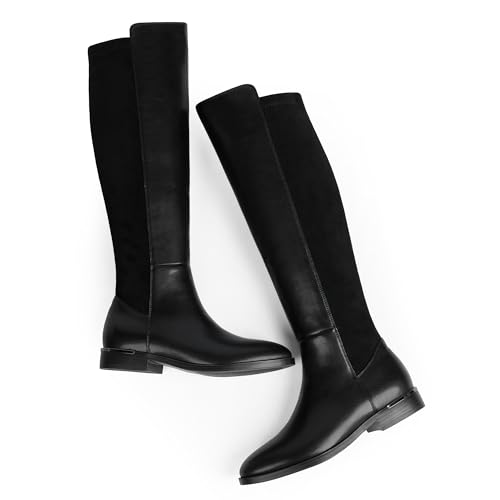 Image of Modatope Rounded Toe Flat Stretchy Dress Knee High Boots Side Zipper | Suede Elastic Fall Winter Boots, Low Chunky Block Heel Riding Boots,2026 Fashion Womens Tall Long Boots