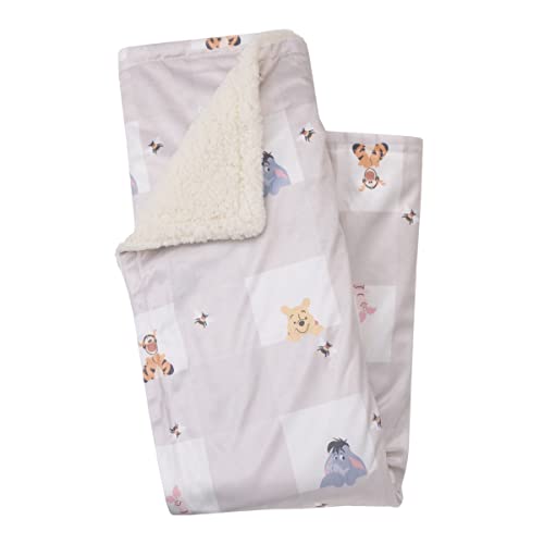 Image of Disney Winnie The Pooh Hugs and Honeycombs Grey and White Plaid with Piglet, Tigger and Eeyore Super Soft Sherpa Baby Blanket