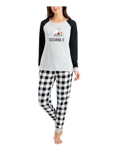 FAMILY PJs Sets Gray Elastic Band Graphic Long Sleeve Crew Neck T-Shirt Cuffed Holiday Size S