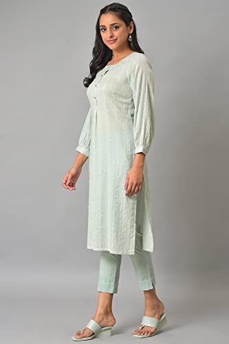 Image of Aurelia Women's Cotton Regular Fit Leno Stripe Regular Kurta