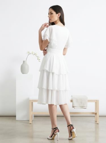 Image of Women Layered Georgette Fit & Flare Midi Dress | Round Neck Flutter Sleeve Knee Length Dress | Tiered Party Dress for Women Evening and Casual Styling