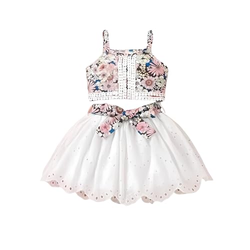 Image of PAMBERSTON Girls Dress Set, Floral Print Sleeveless Top with White Skirt and Bow Detail | Cute Casual Outfit for Girls | Perfect for Parties, Birthday, Wedding