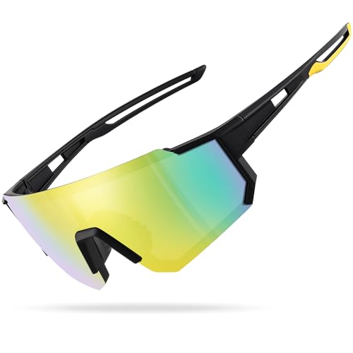 Polarized Sports Sunglasses for Men and Women,Fishing Cycling Mountain Bike Baseball Sunglasses with UV Protection A11 Matte Black Frame - Gold Mirror