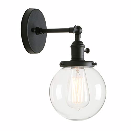 Permo Vintage Industrial Wall Sconce Lighting Fixture with Mini 5.9  Round Clear Glass Globe Hand Blown Shade (Black)