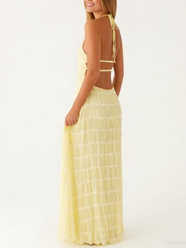 Image of Yiulangde Women's Backless Smocked Maxi Dress Sexy Spaghetti Strap Cut Out Flowy Beach Long Dress Vacation Casual Sundresses