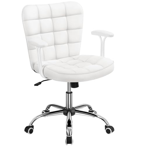 Yaheetech Silla de Oficina con Reposabrazo Silla Oficina Tapizada de Cuero PU Silla con Ruedas Silla Ergonomica Base Metal Blanca