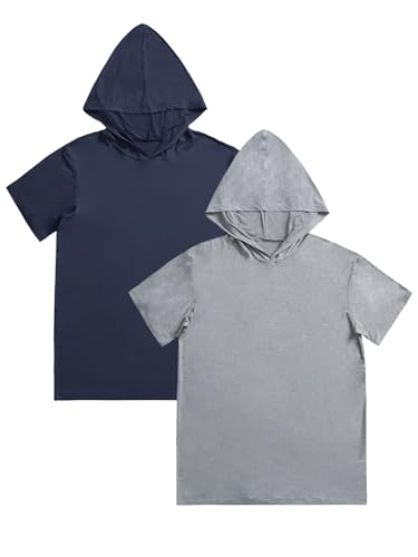 Esenchel Men's 2 Pack Hooded Pajama Top Short Sleeve Sleep Shirt